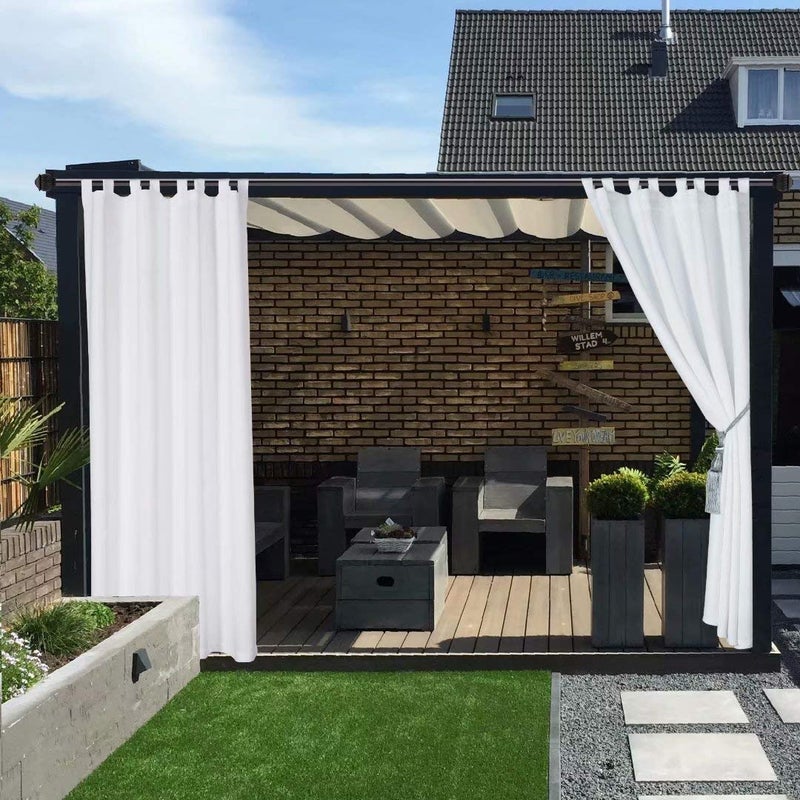 LORDTEX Waterproof Indoor/Outdoor Curtains for Patio - Thermal Insulated, Sun Blocking Detachable Sticky Tab Top Blackout Curtains for Porch, Pergola, Cabana, 52 x 108 inch, 2 Panels, White - Image 2